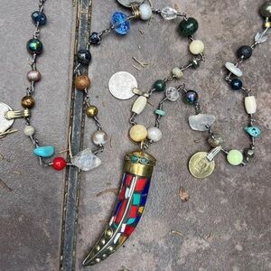 Inlaid Tibetan Horn Pendant Mixed Gemstones Pearls Vintage Kuchi Coins Charms
